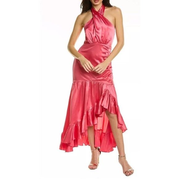 Cinq a Sept Sz 2 Dress Arianna Pink Candy Silk Satin Halter Hi Low Gown New NWT - Picture 1 of 11